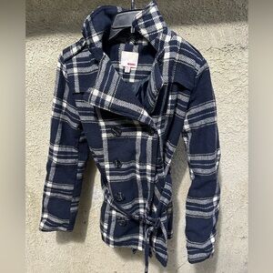 Bongo- Blue and White Pea Coat with Plaid Design